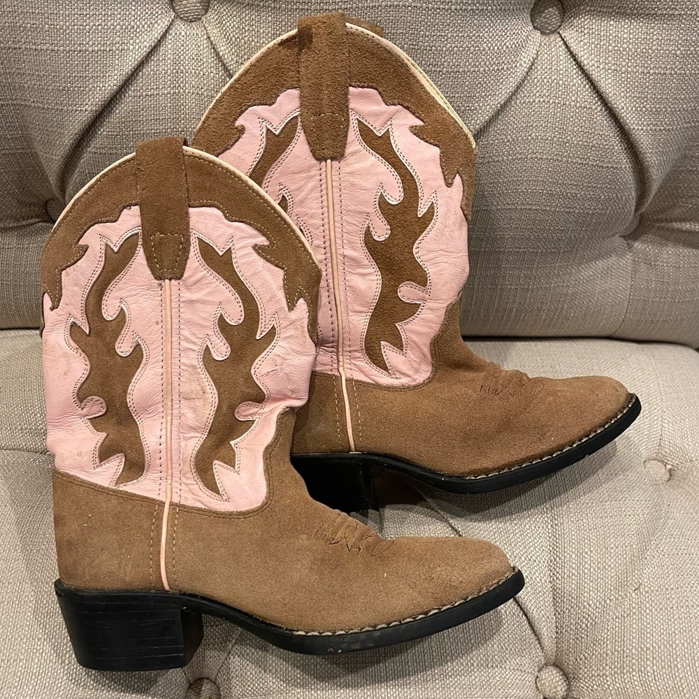 Old West Boots Kids 130/ 7T Brown Pink Leather Cowgirl Boho Western Barbie Rodeo